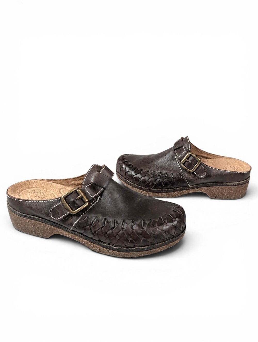 NEW Brioso Jordyn Leather Clogs Brown Size 7 Womens Braided Mules Buckle Slip On